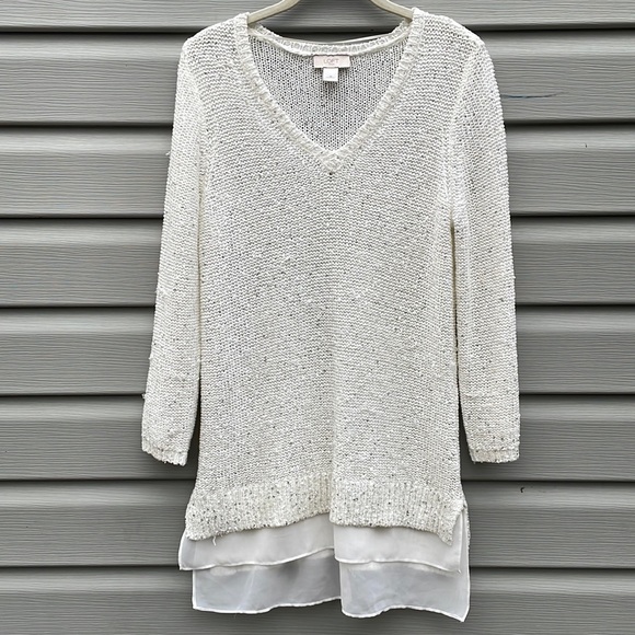 LOFT Ivory Sequin Tunic Knit Sweater - Picture 1 of 9